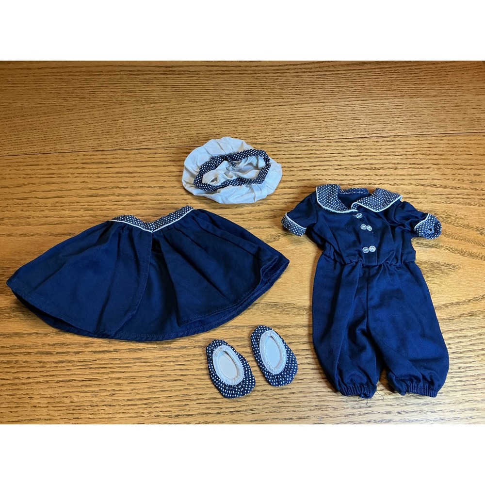 American Girl Doll Samantha Bathing Dress Navy Polka Dot Romper Skirt Hat Hanger